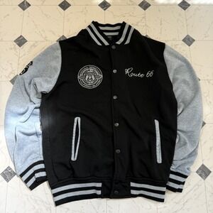 Route 66 Varsity Jacket Small Black Gray Snap Button Bomber Patch Logo